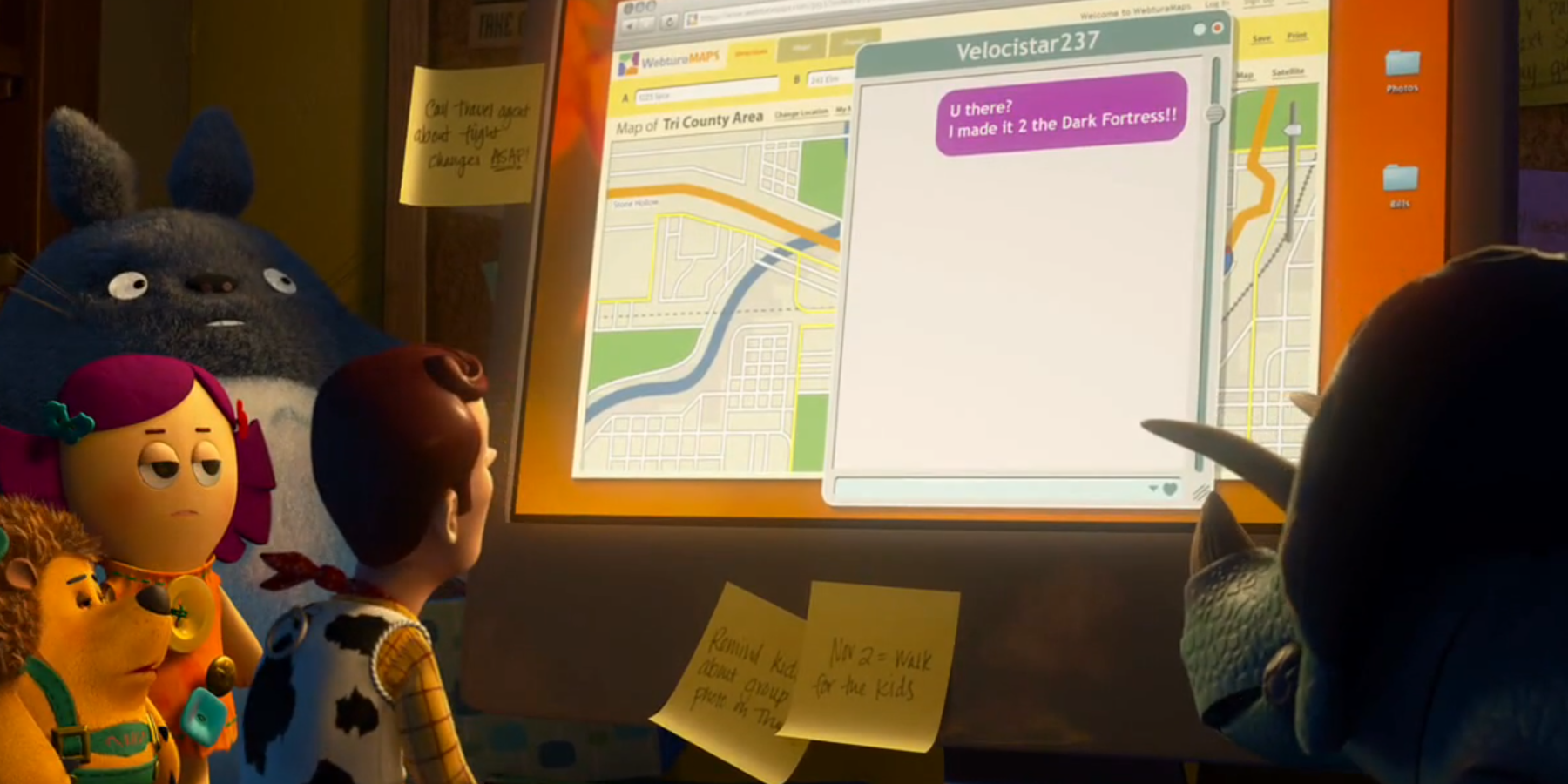 The Toys gathered around a computer featuring an IM from Velocistar237 in Toy Story 3
