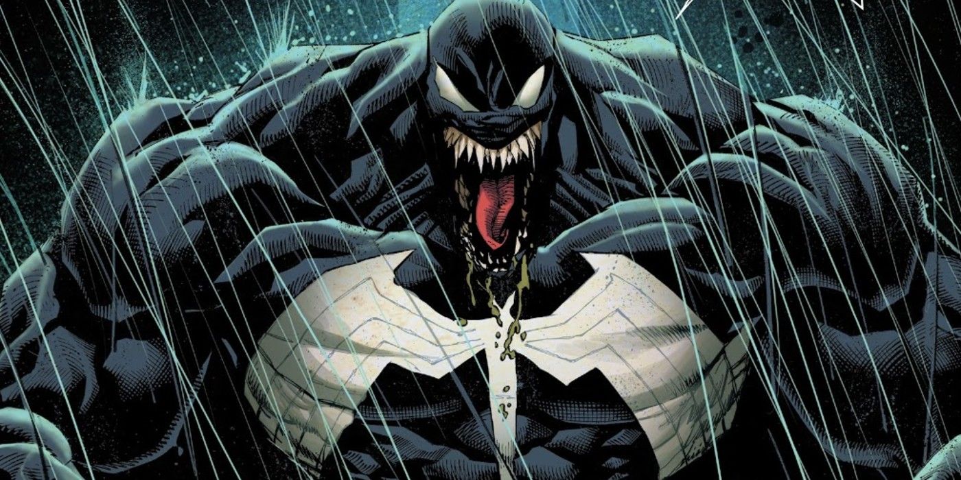 Venom sticking his tongue out under the rain
