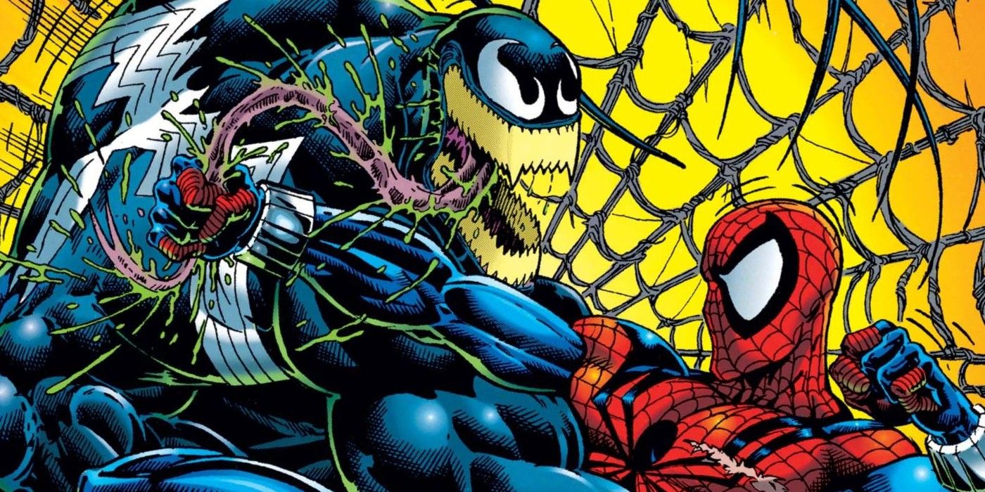 Venom battles Spider-Man in a ginat web.