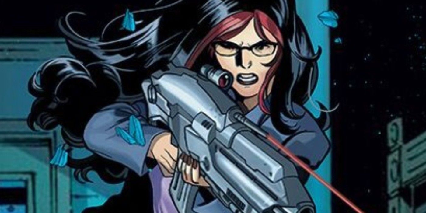 An image of HAMMER's Victoria Hand holding a gun in Marvel Comics. 