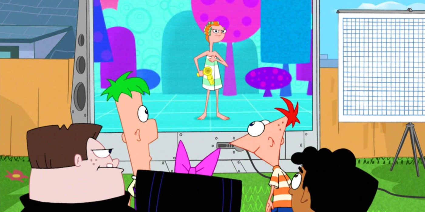Candace is stuck in a virtual world as Phineas, Ferb and friends look on.