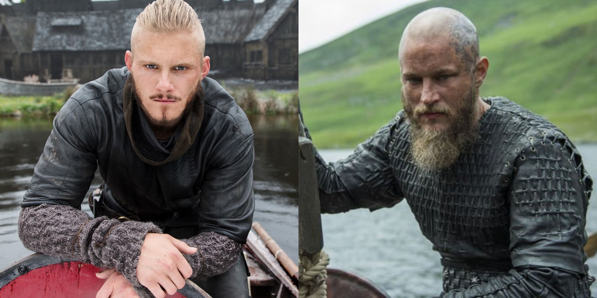 Split image of Bjorn and Ragnar sitting in small boats
