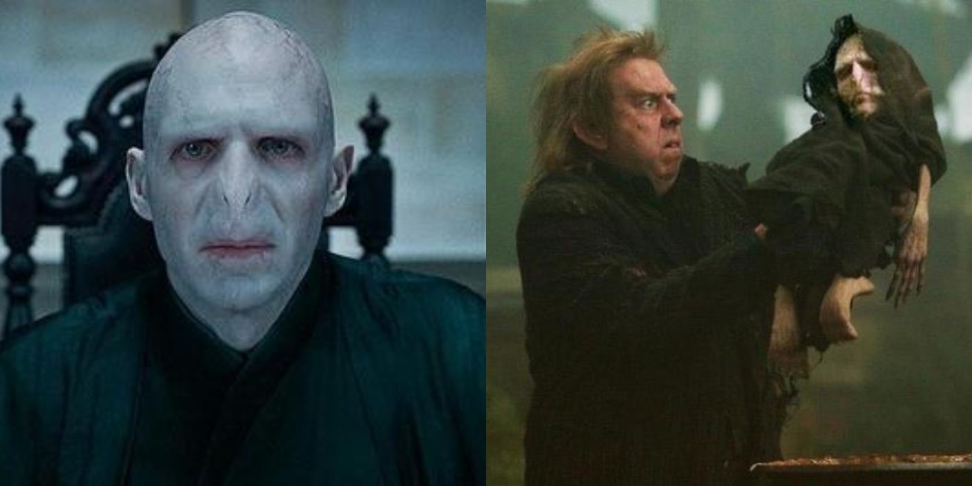 Split image of Voldemort sitting on chair and Peter Pettigrew holding small, semi-formed Voldemort