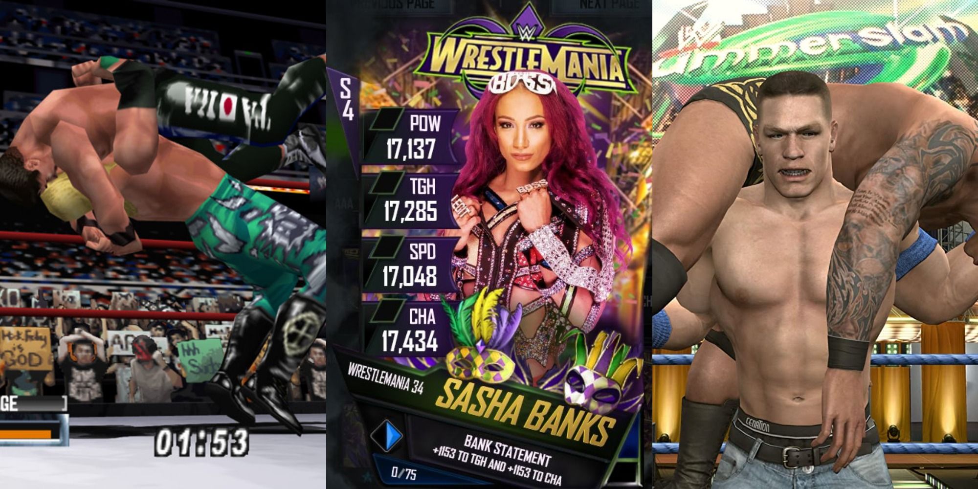 Split image of No Mercy, a Sasha Banks supercard, and John Cena in Smackdown vs. Raw 2010