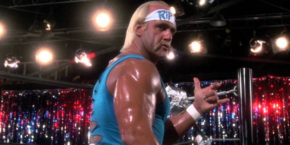 Hulk Hogan in No Holds Barred looking sweaty outside the ring.
