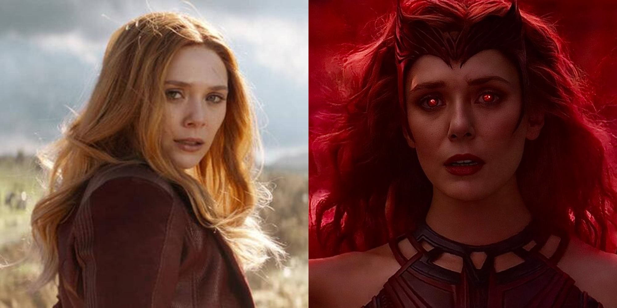 Split image depicting Wanda arriving at the battle of Wakanda, and her becoming the Scarlet Witch