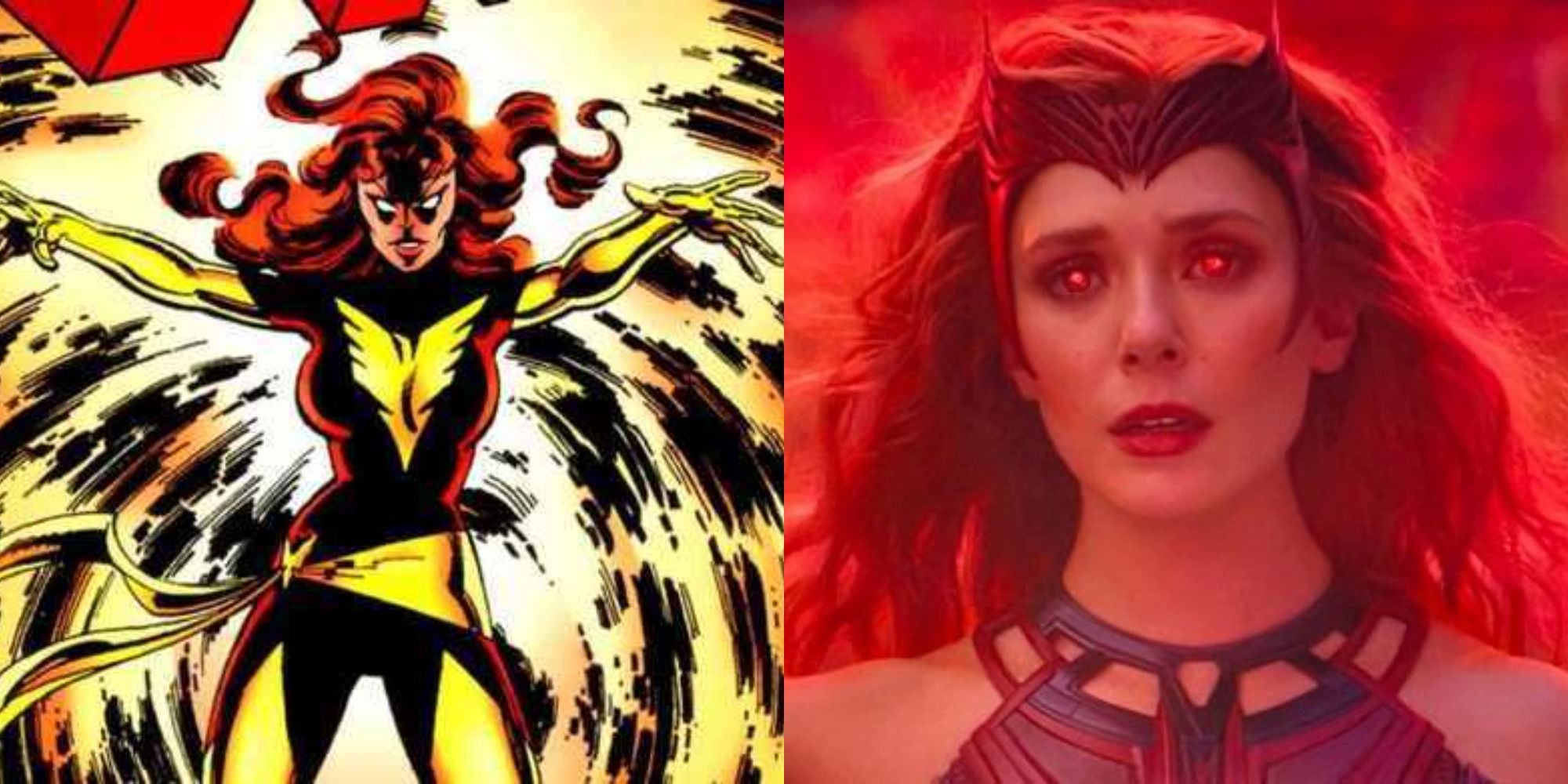 Split image showing the Dark Phoenix in the comics, and Scarlet Witch in WandaVision