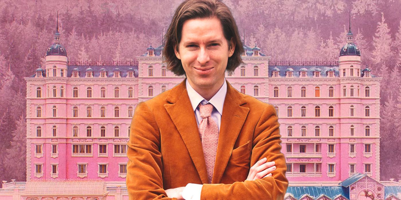 Wes Anderson juxtaposed in front of the Grand Budapest Hotel
