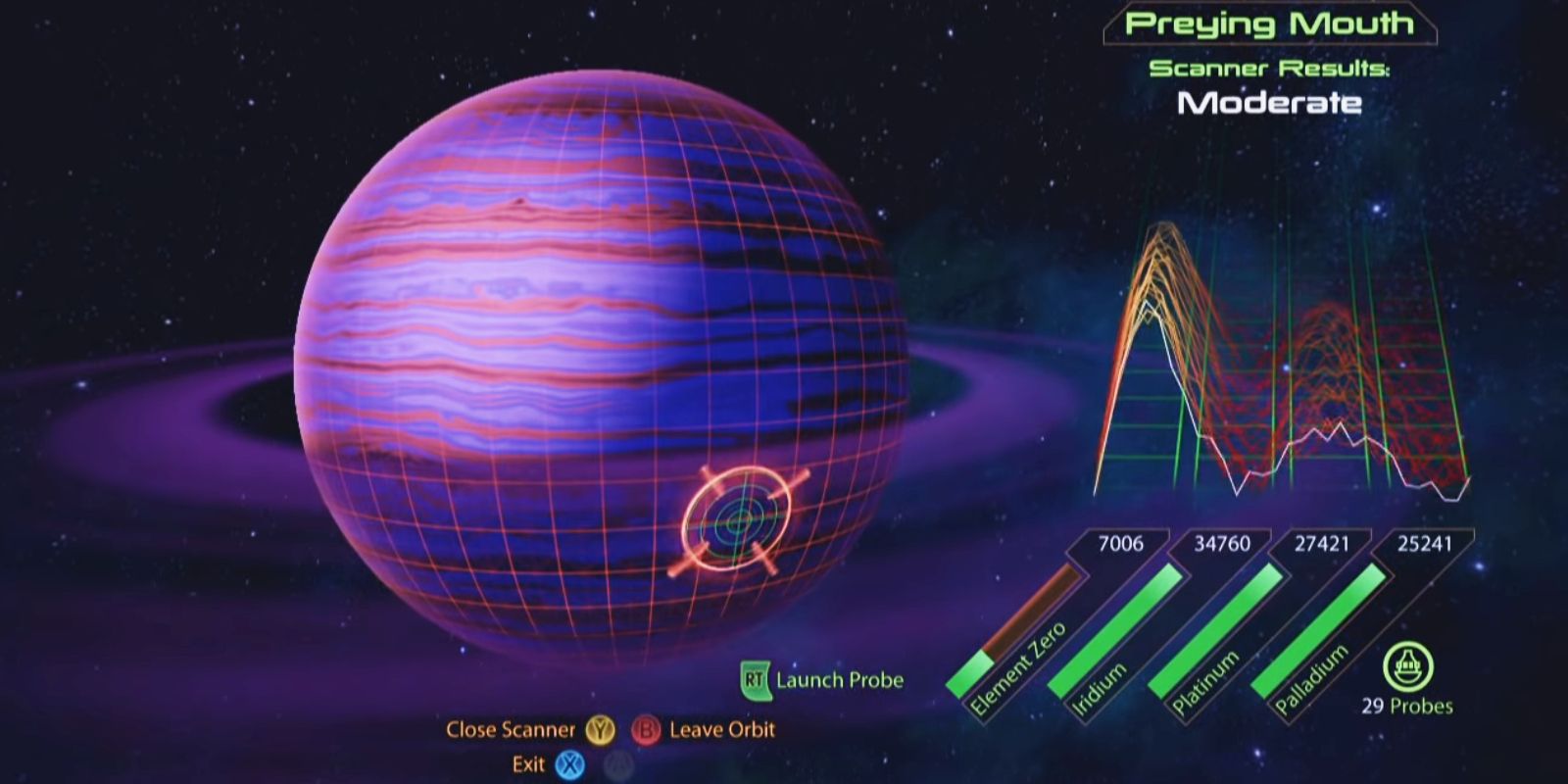 A tela do menu de digitalização do planeta de Mass Effect 2