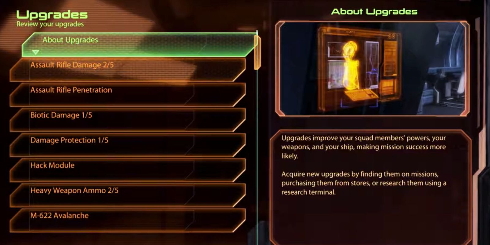Uma imagem da tela do menu de atualização em Mass Effect 2