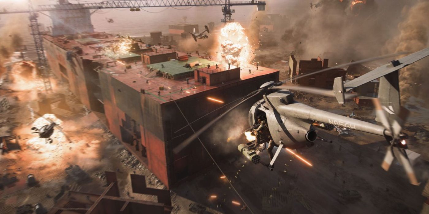 Helicopter action in Battlefield 2024 with explosions rocking the landscape underneath.
