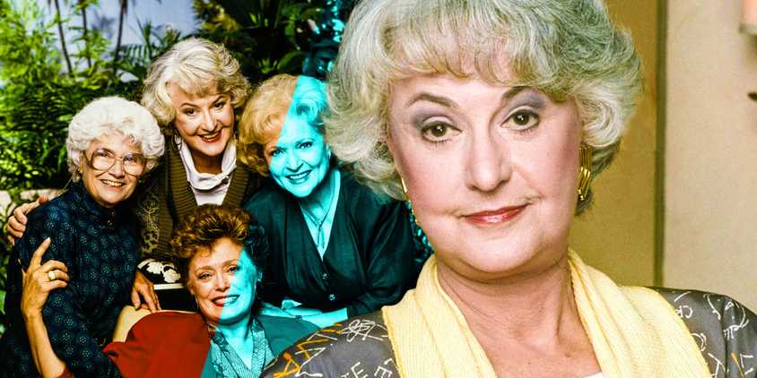 Blended image of the four main actresses in the Golden Girls cast and Bea Arthur as Dorothy Zbornak looking serious