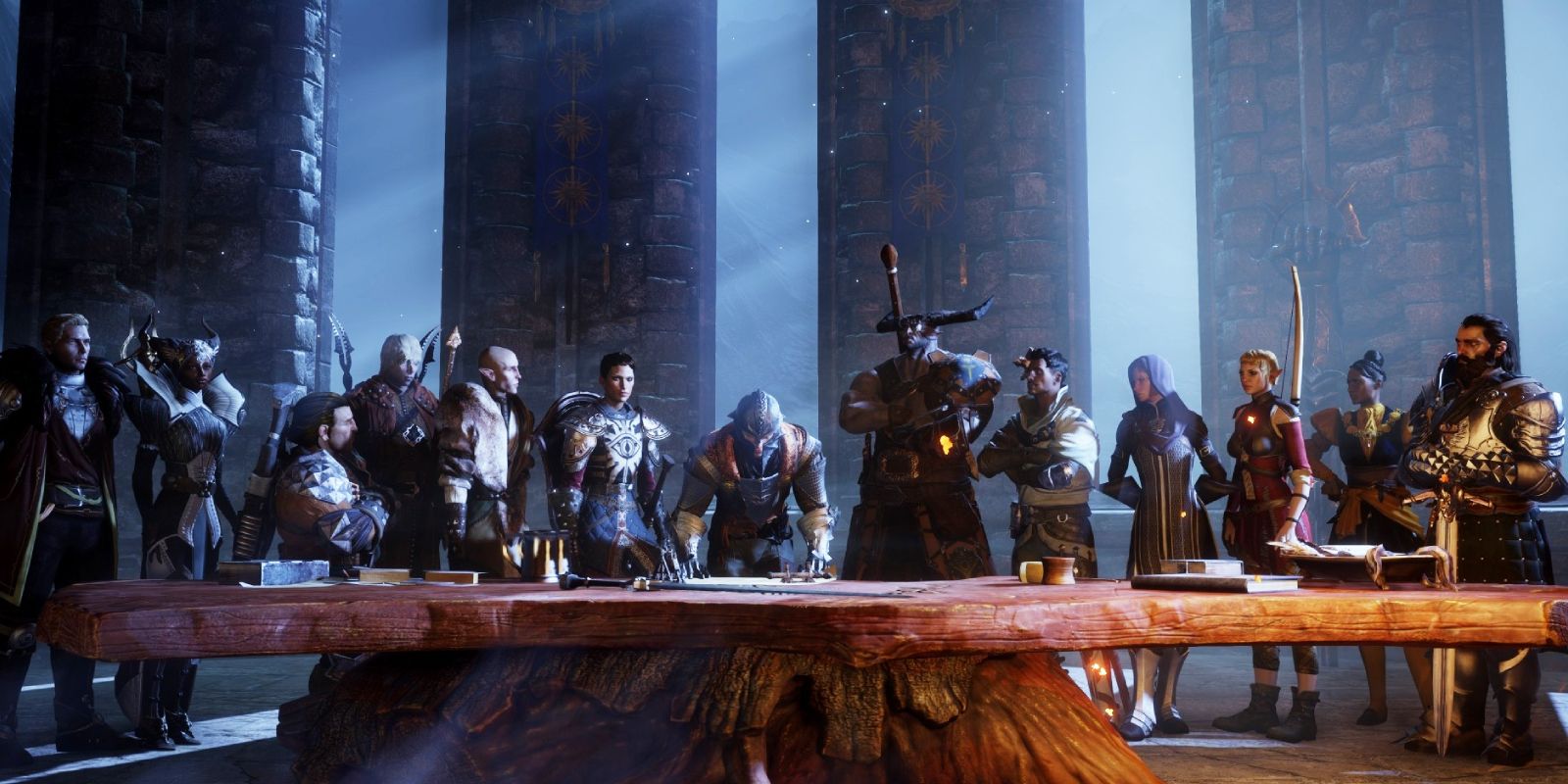 The main characters of Dragon Age Inquisition standing in the shadows