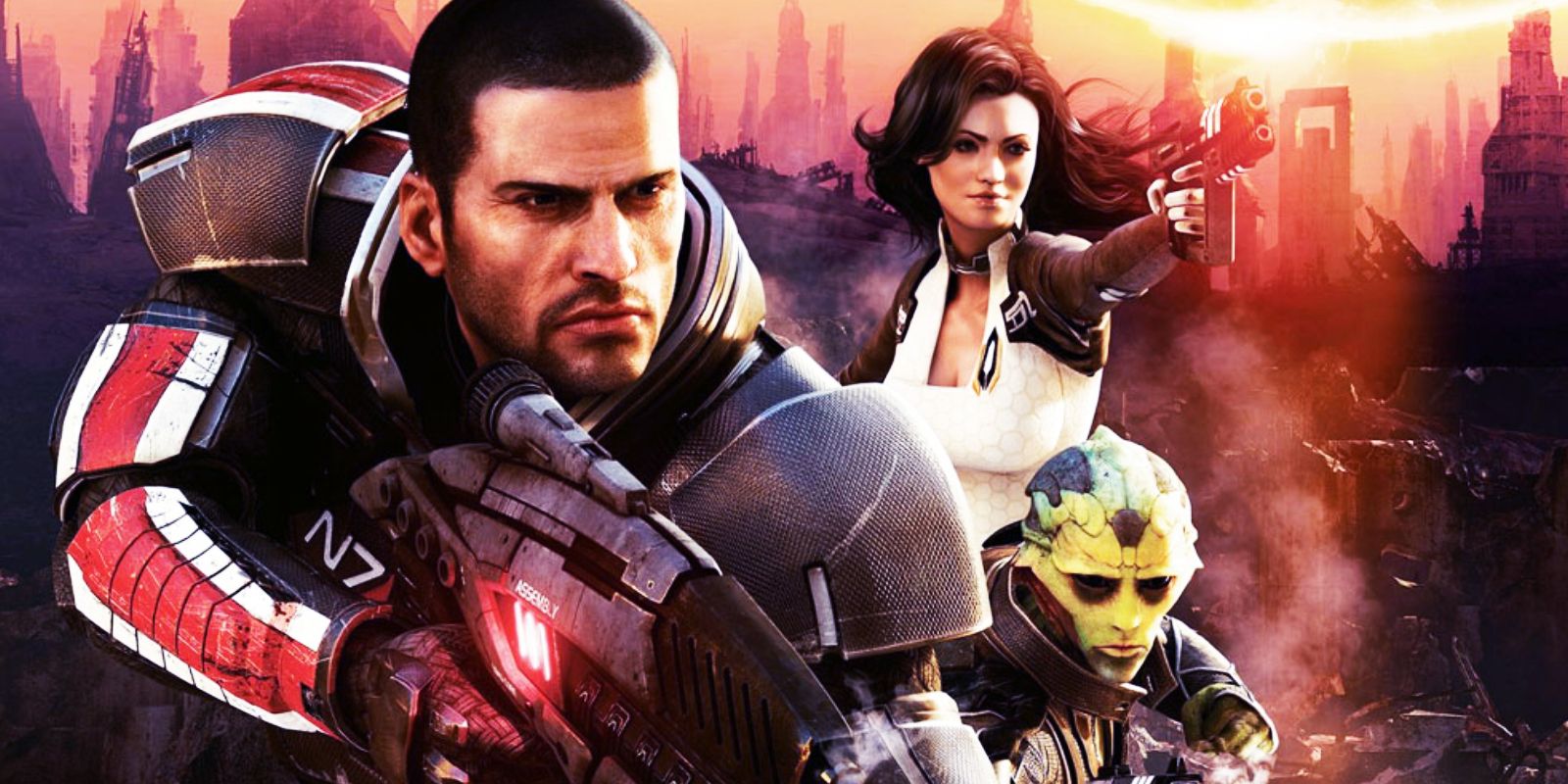The cover artwork for Mass Effect 2 shows three leading characters