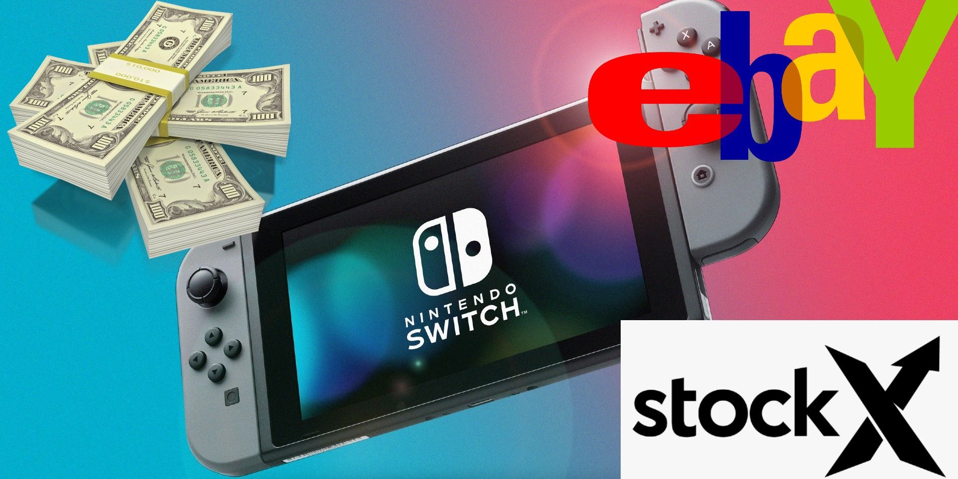 Will Nintendo Switch Pro's Release Mirror Sony's PS5 Console Fiasco - Switch Image With Ebay StockX And Cash Stack Overlays
