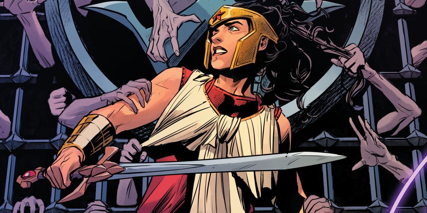 An image of Wonder Woman in Greek armor standing in the center as hands reach out to grab her.