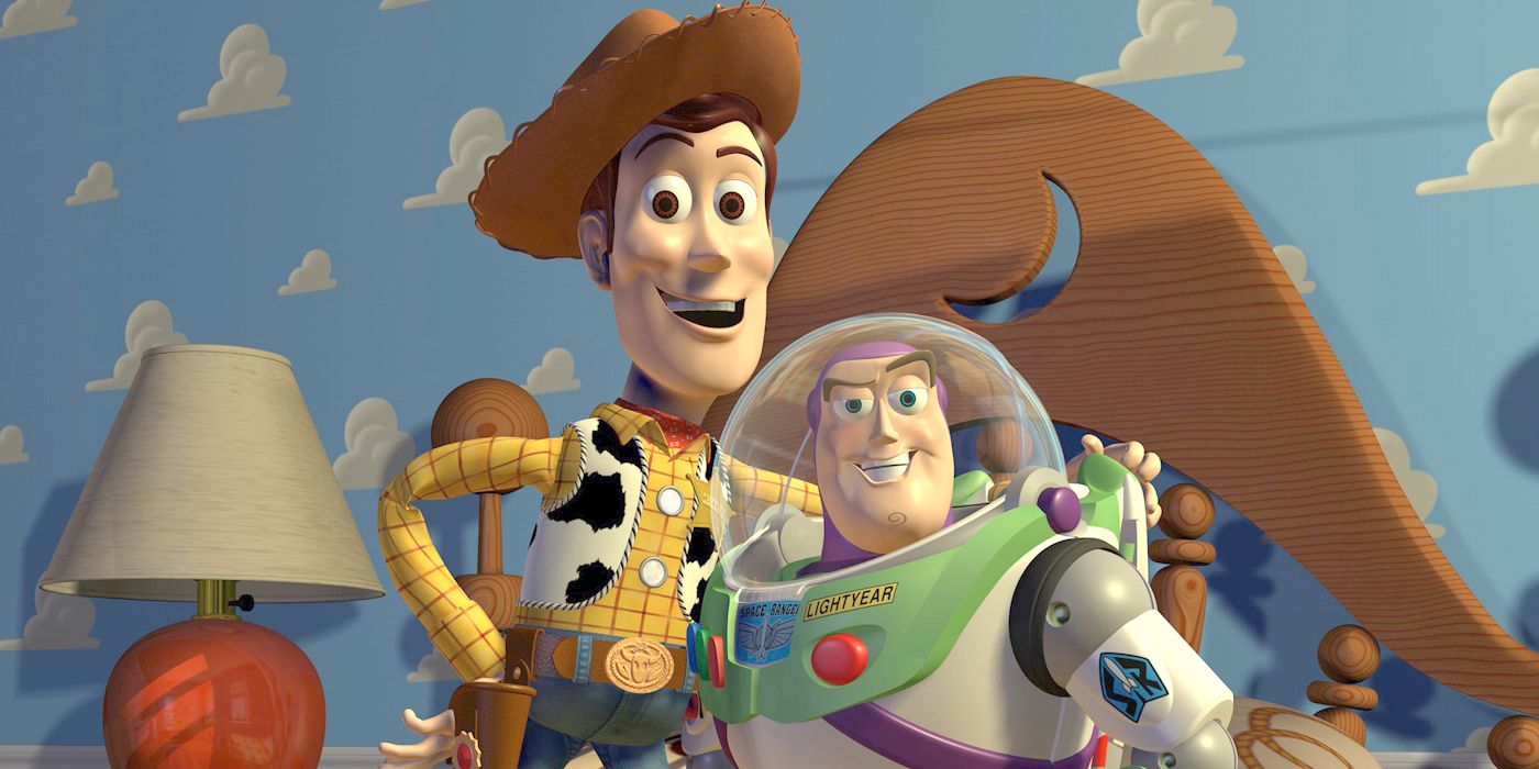Woody and Buzz Lightyear posing for a photo in Toy Story.