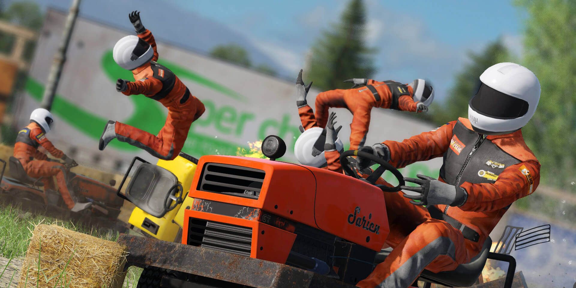 Players driving lawnmowers in Wreckfest