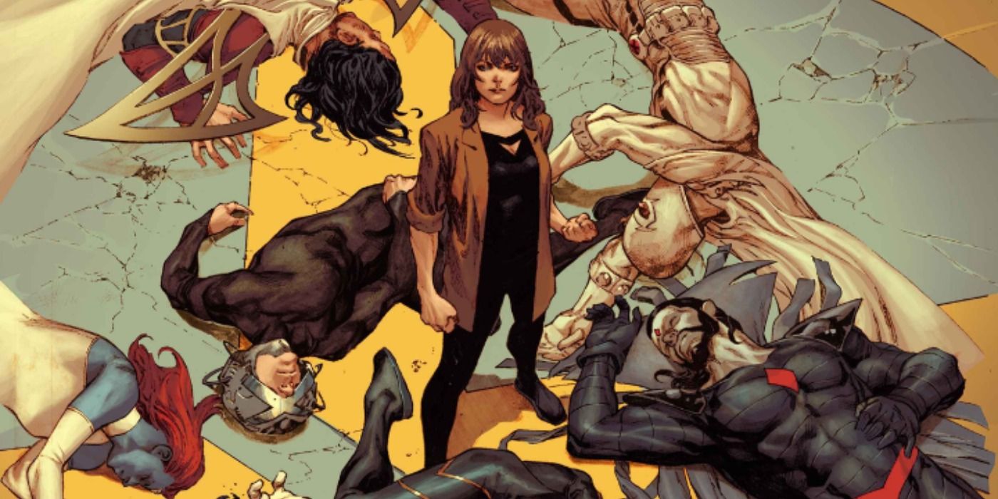 Moira MacTaggert stands among the fallen X-Men on Inferno #1 cover.