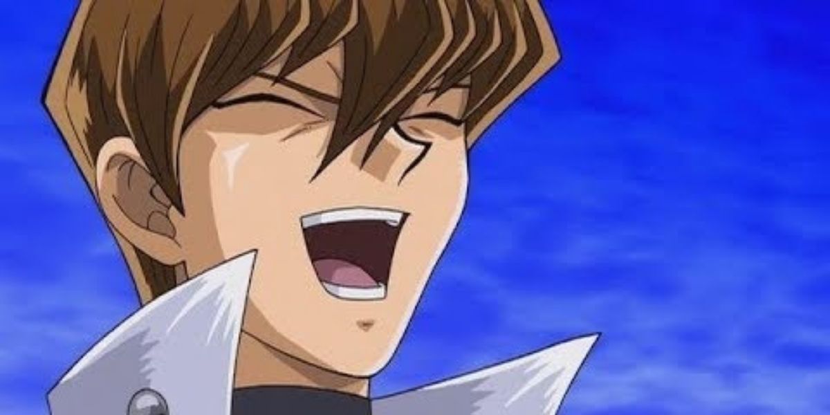Kaiba laughing with his eyes closed in Yu-Gi-Oh.