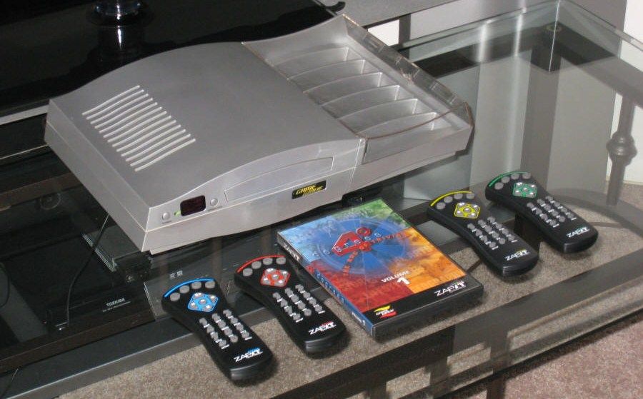 The Game Wave console, along with four controllers.