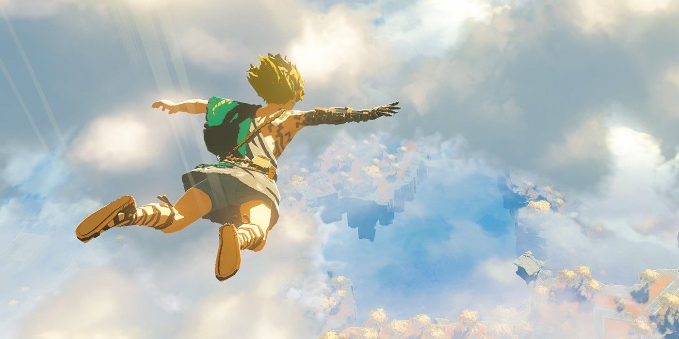 Link falls in the sky to a sunny land below in The Legend of Zelda: Breath of the Wild 2.
