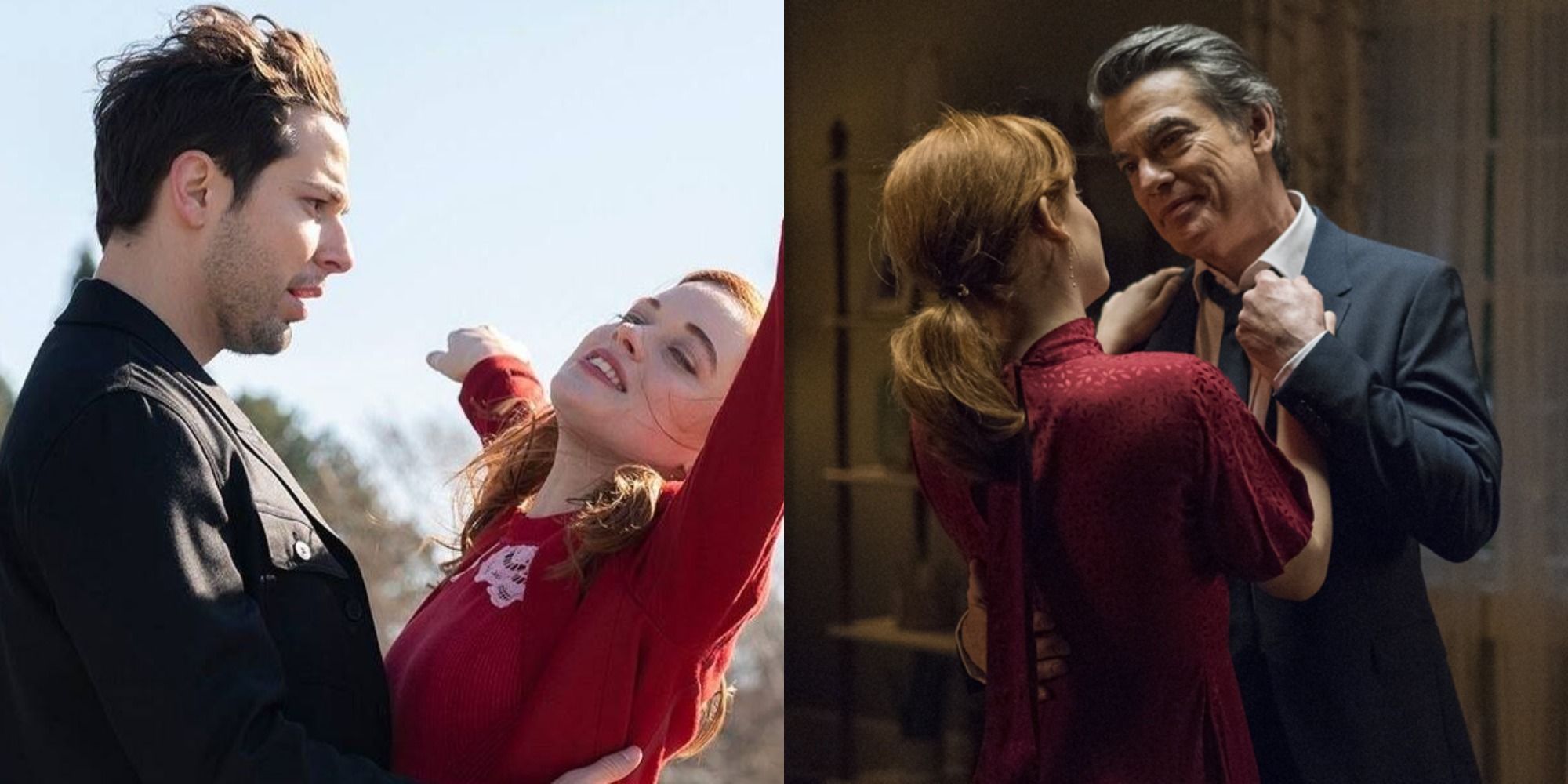 Split image depicting Zoey singing to Max and dancing with Mitch