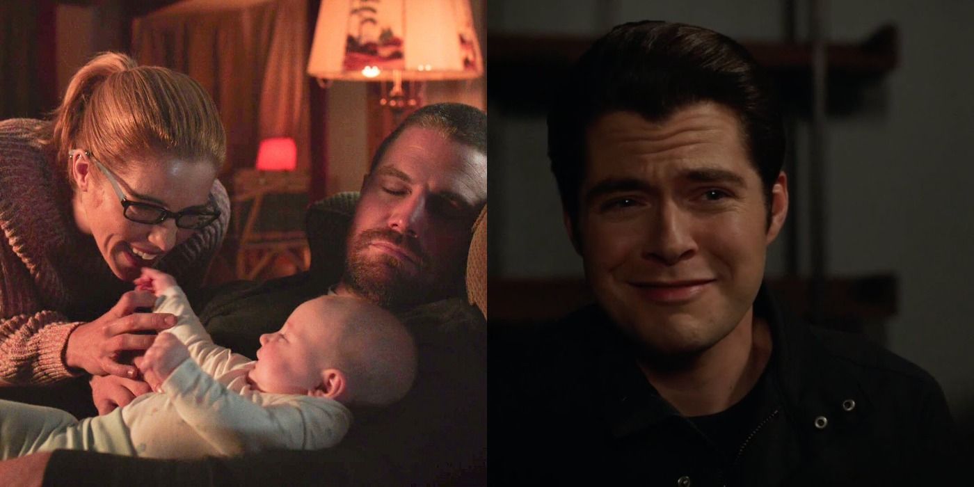 A split image of Felicity, Oliver, Mia cuddling on the couch and an image of a grown up William in Arrow