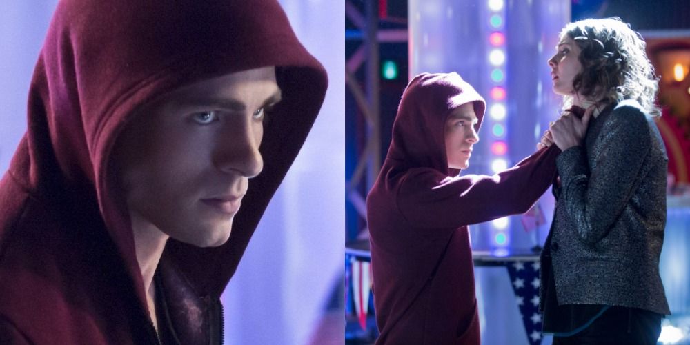 Split image of Roy Harper in a hood and choking someone