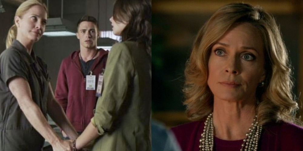 Split image of Moira Queen holding Thea's hand as Roy Harper looks on and a shot of Moira's face