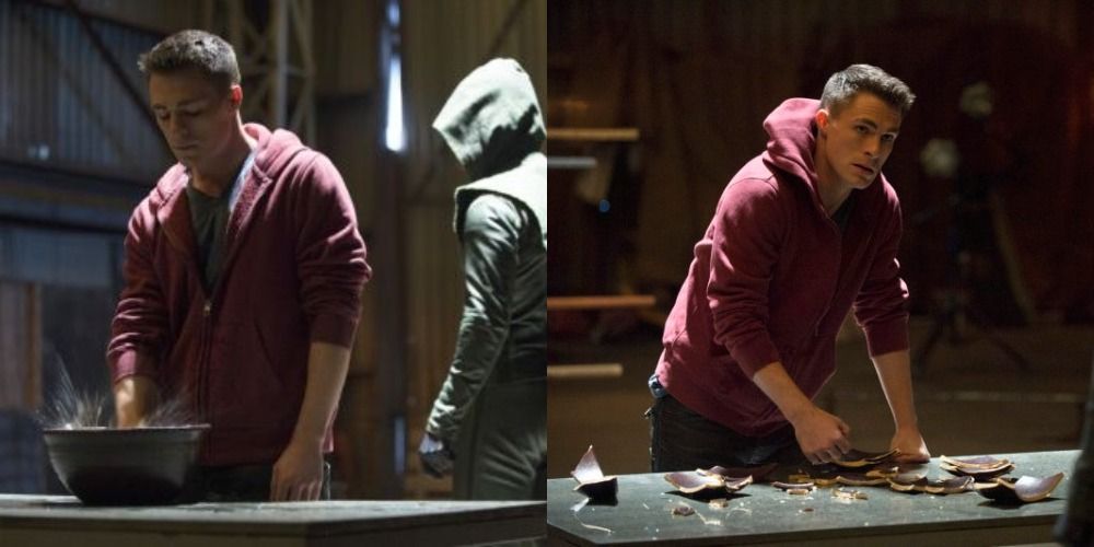 Split image of Roy Harper punching water with the Green Arrow