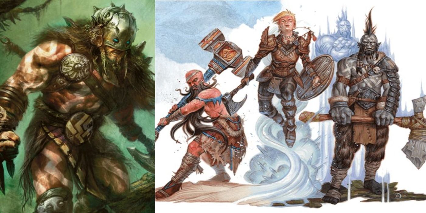 D&D barbarians split image, one barbarian alone, a party of three