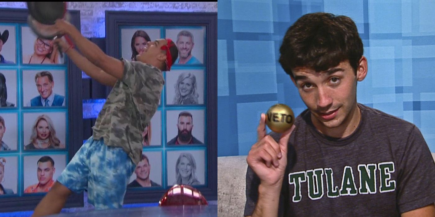 Split image of Josh banging pots and pans and Ian holding the veto from Big Brother.