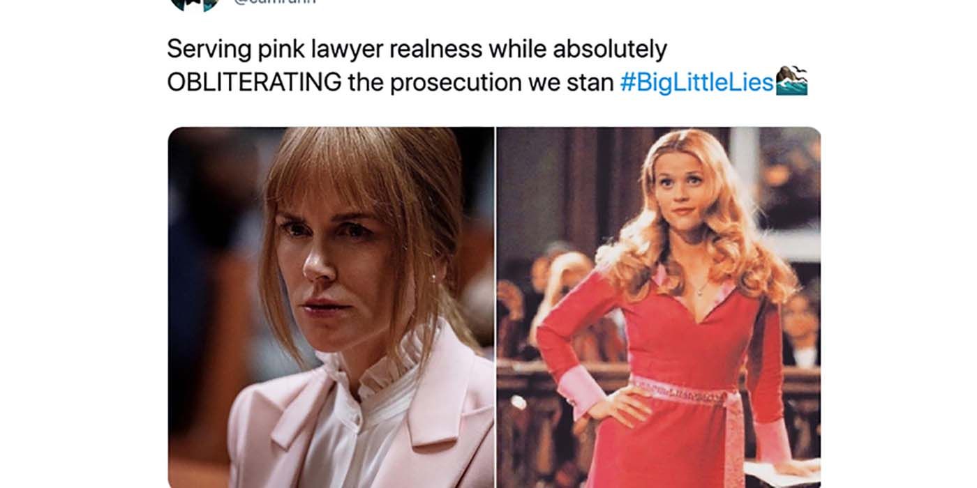 Big Little Lies meme with split images of Celeste in a pink suit during her trial and Reese Witherspoon in a dark pink suit in Legally Blonde