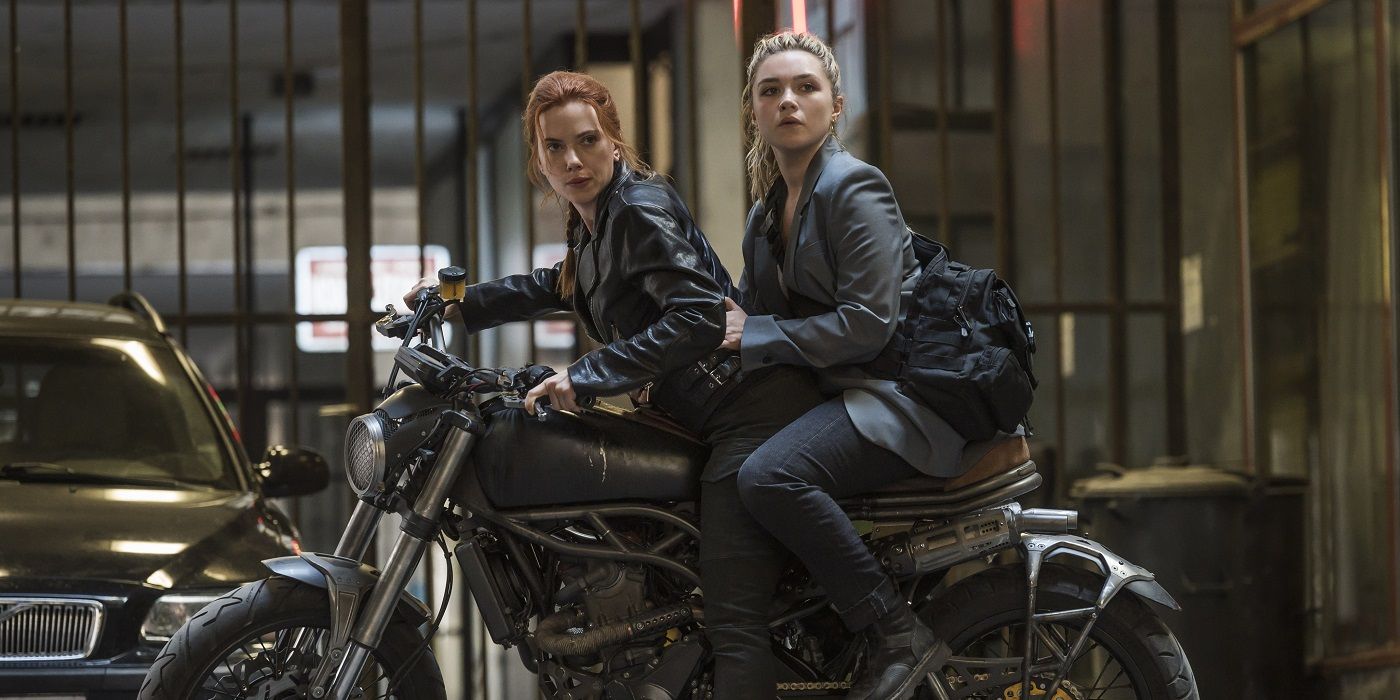 Nat and Yelena on a motorcycle in Black Widow