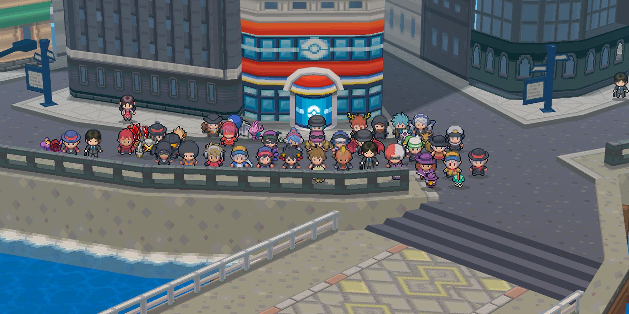 loads of chibi pokemon characters standing outside a pokeball building 