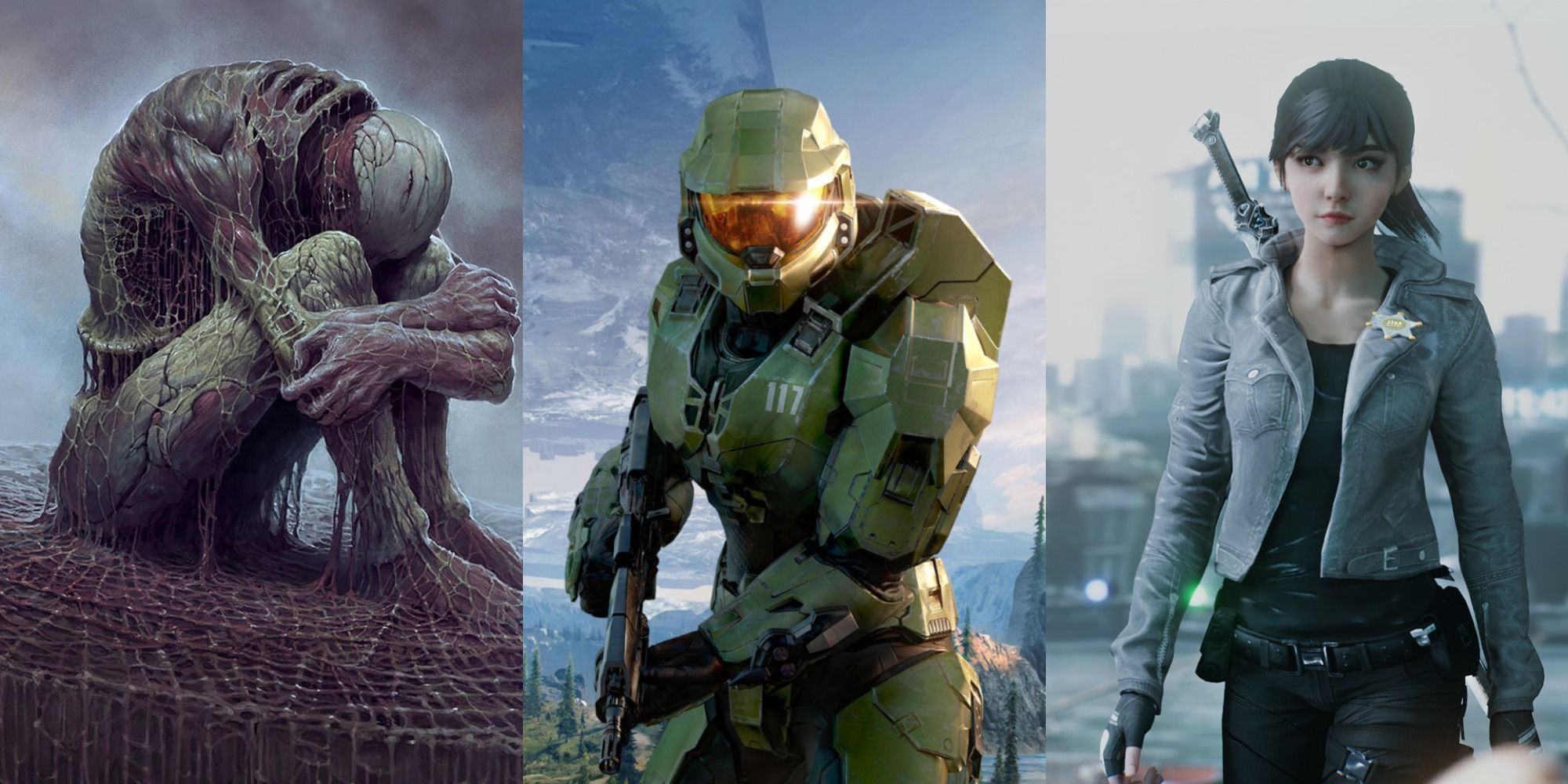 A combined images of main characters in Halo Infinite, Scorn and Bright Memory Infinite