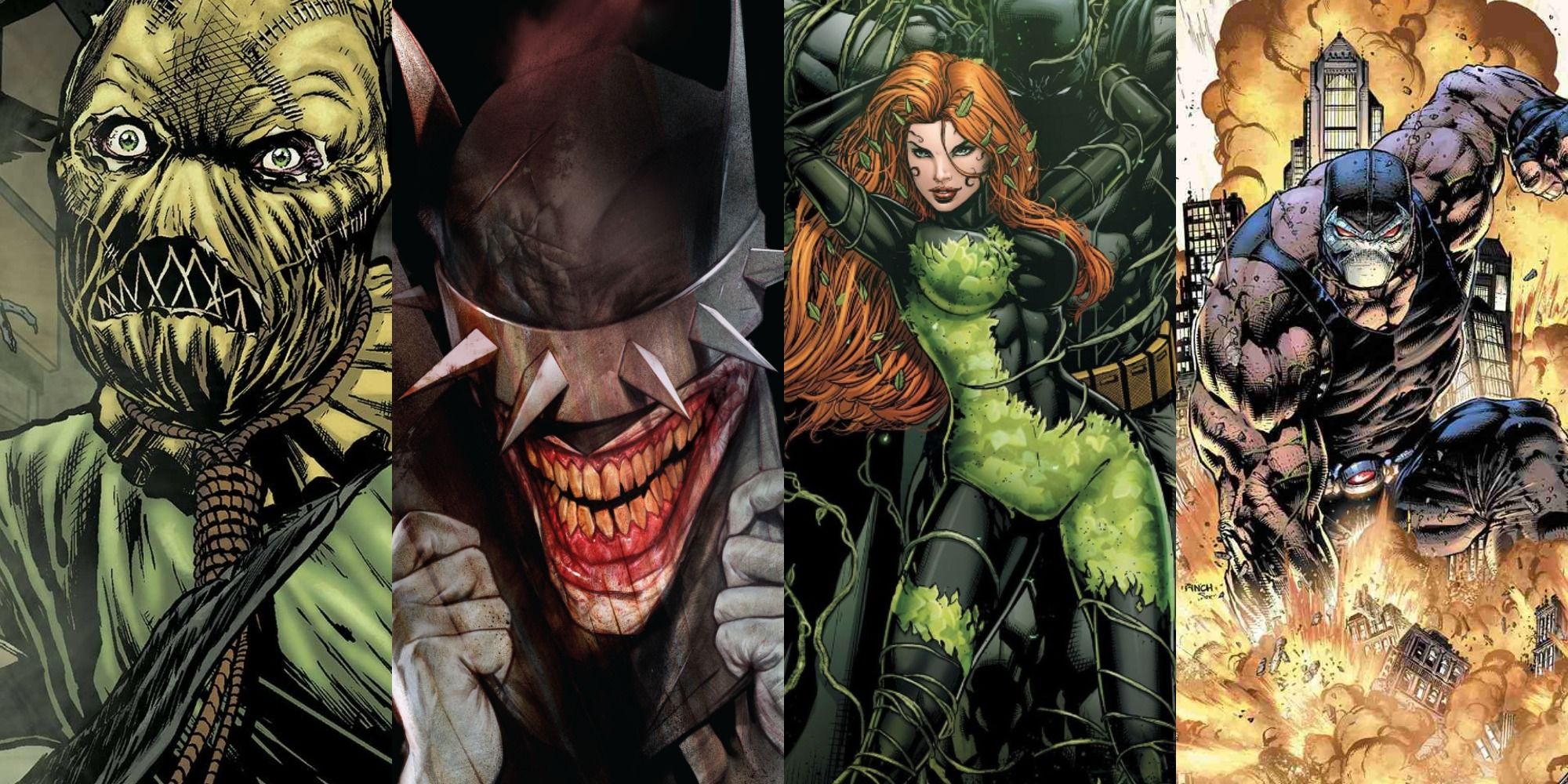 Combined images of the Batman villains Scarecrow, Poison Ivy. Bane, and The Batman Who Laughs