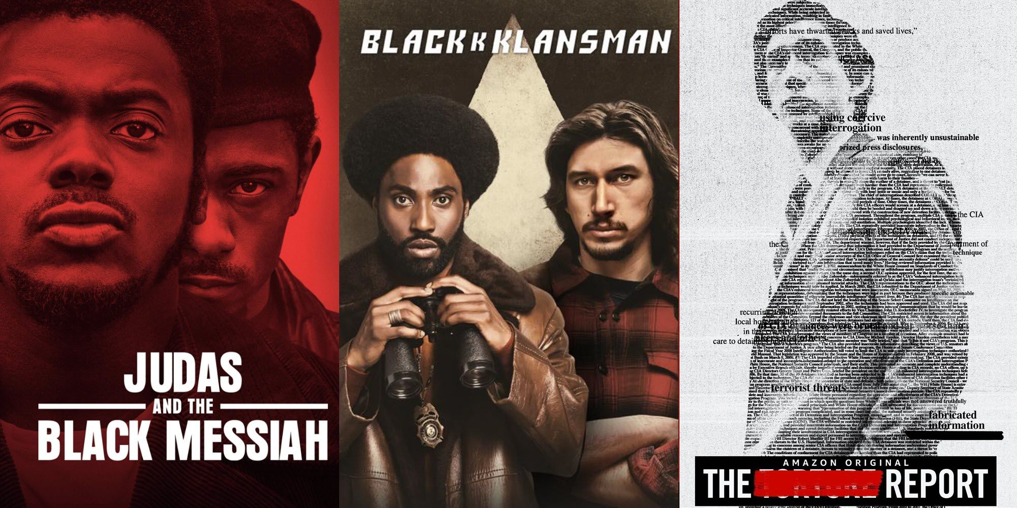 combined posters of the films The Report, BlacKkKlansman and Judas And The Black Messiah