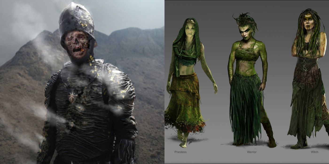 Concept art by Pixoloid Studios for The Witcher depicting a Nilfgaardian soldier and a series of dryads