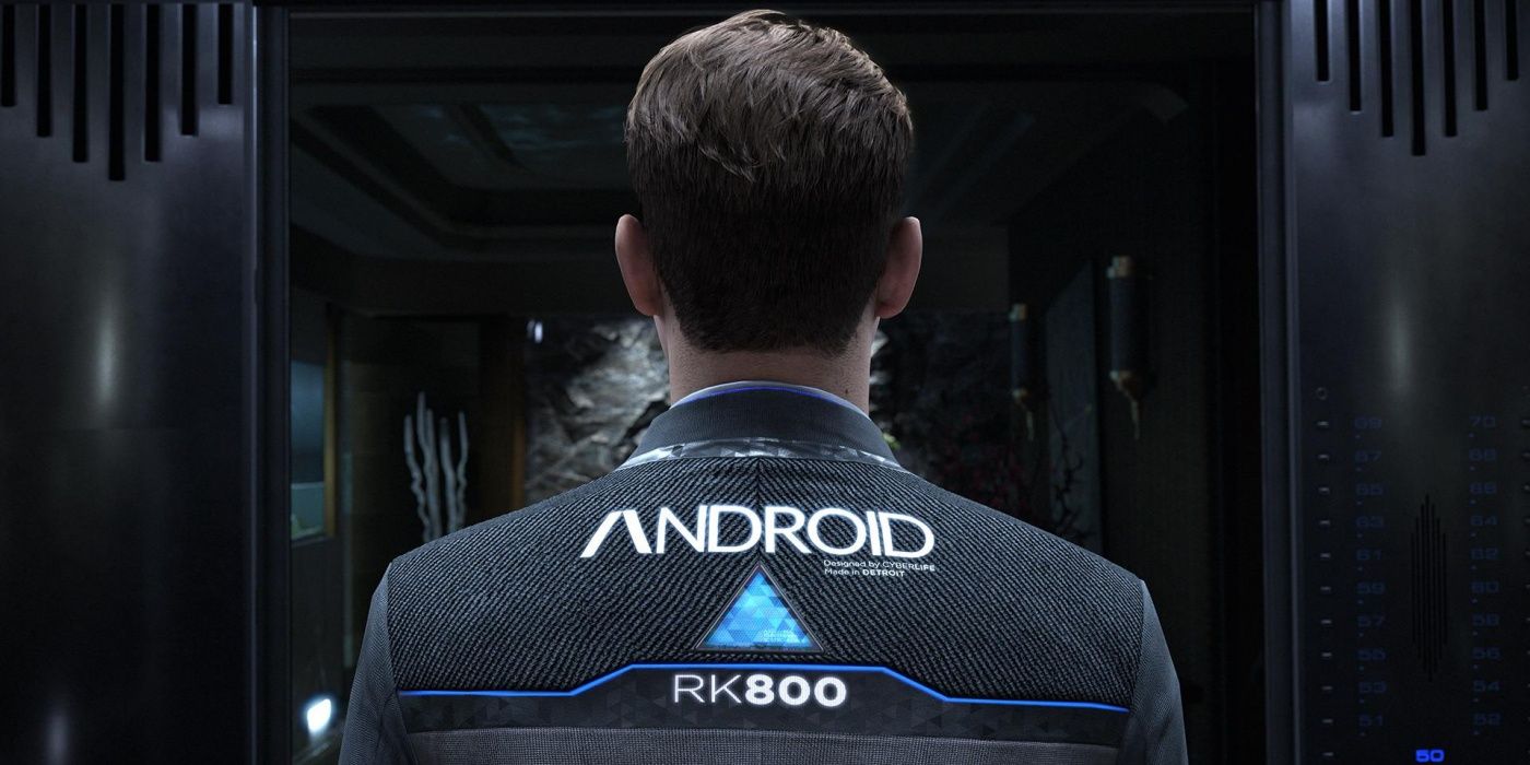Connor's back with the word &quot;Android&quot; on his uniform in the video game, Detroit: Become Human
