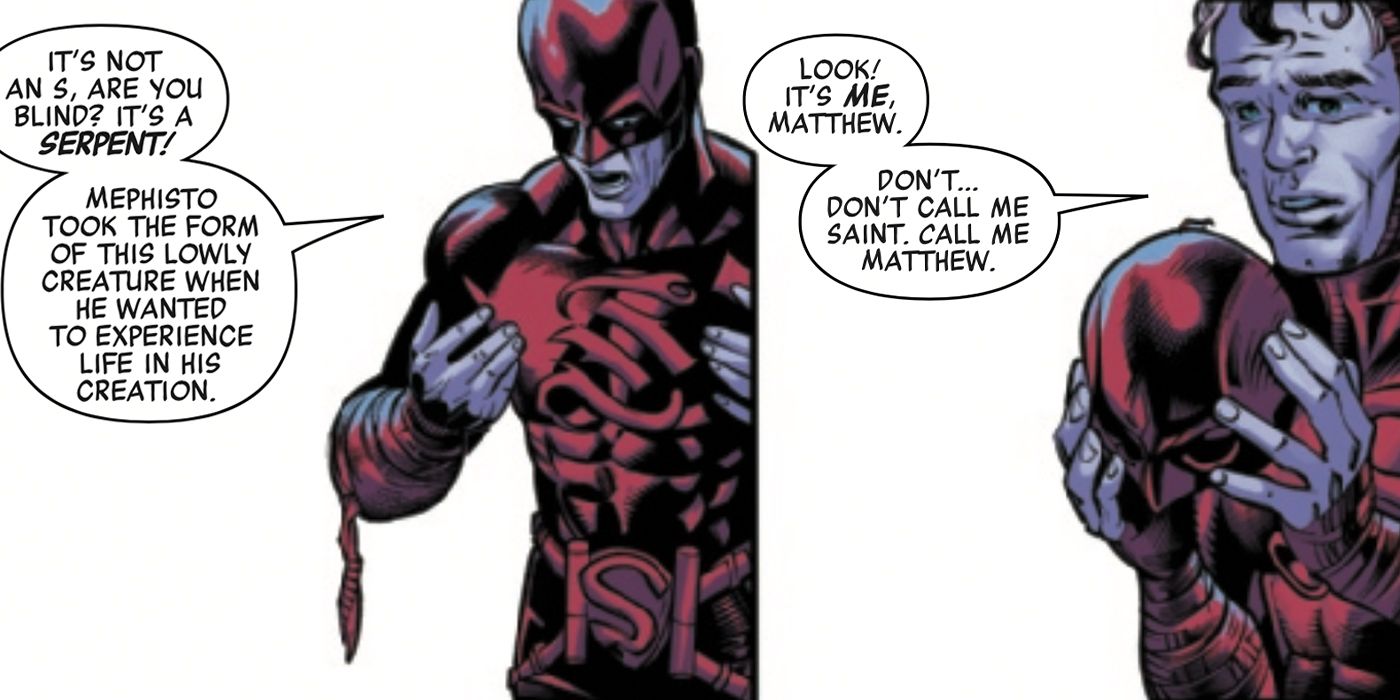 Daredevil/The Saint explaining his origins in Heroes Reborn: American Knights #1.