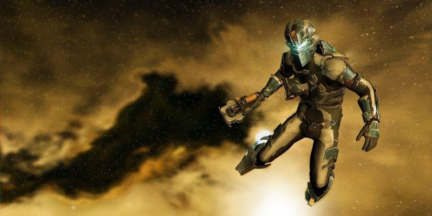 A robot floats in space with his gun in the vdieo game Dead Space 2.