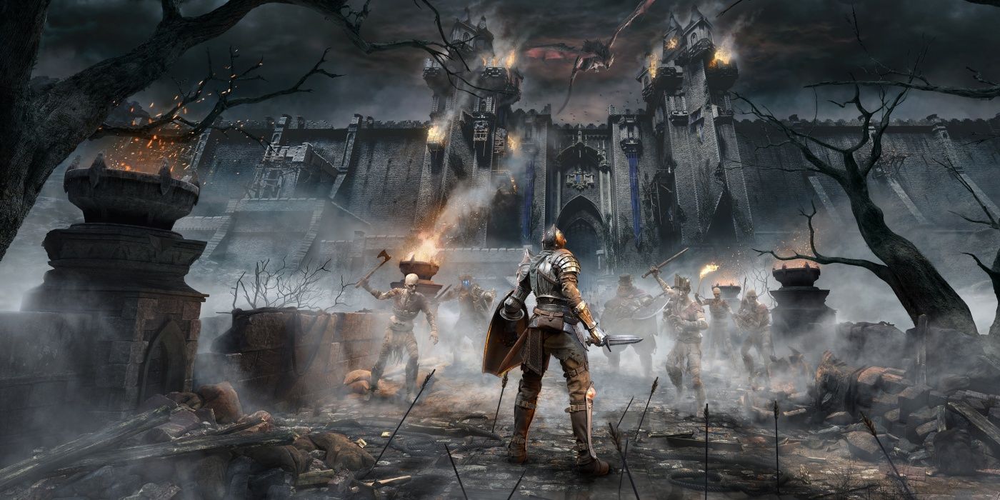 Player character standing in front of a massive gate in Demon's Souls