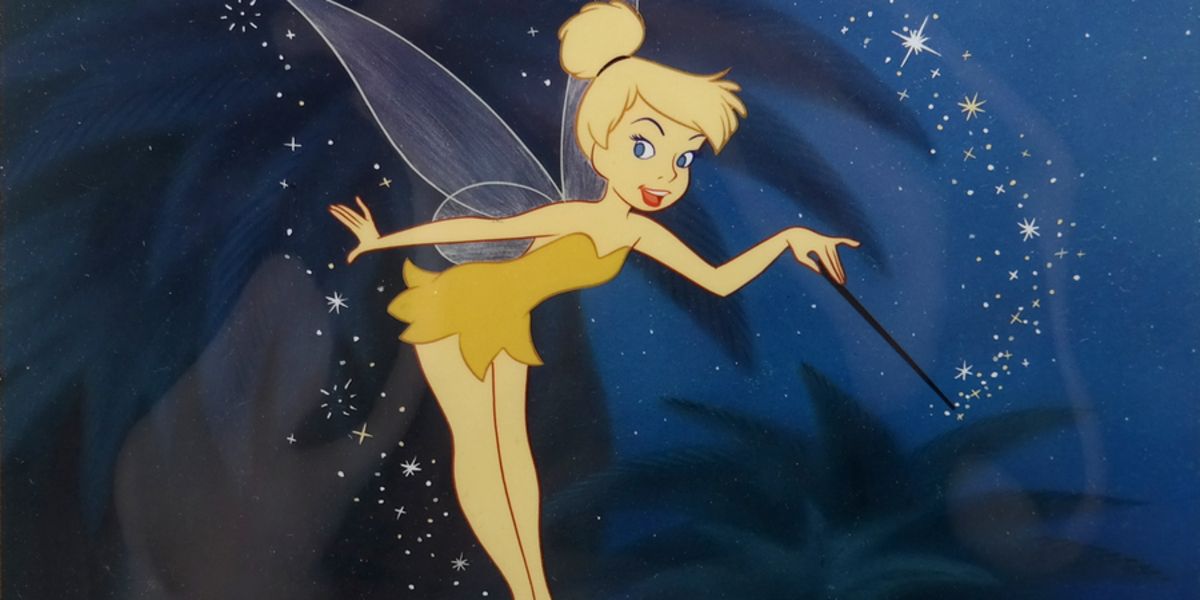 A vintage lithographic print of Tinker Bell with a magic wand