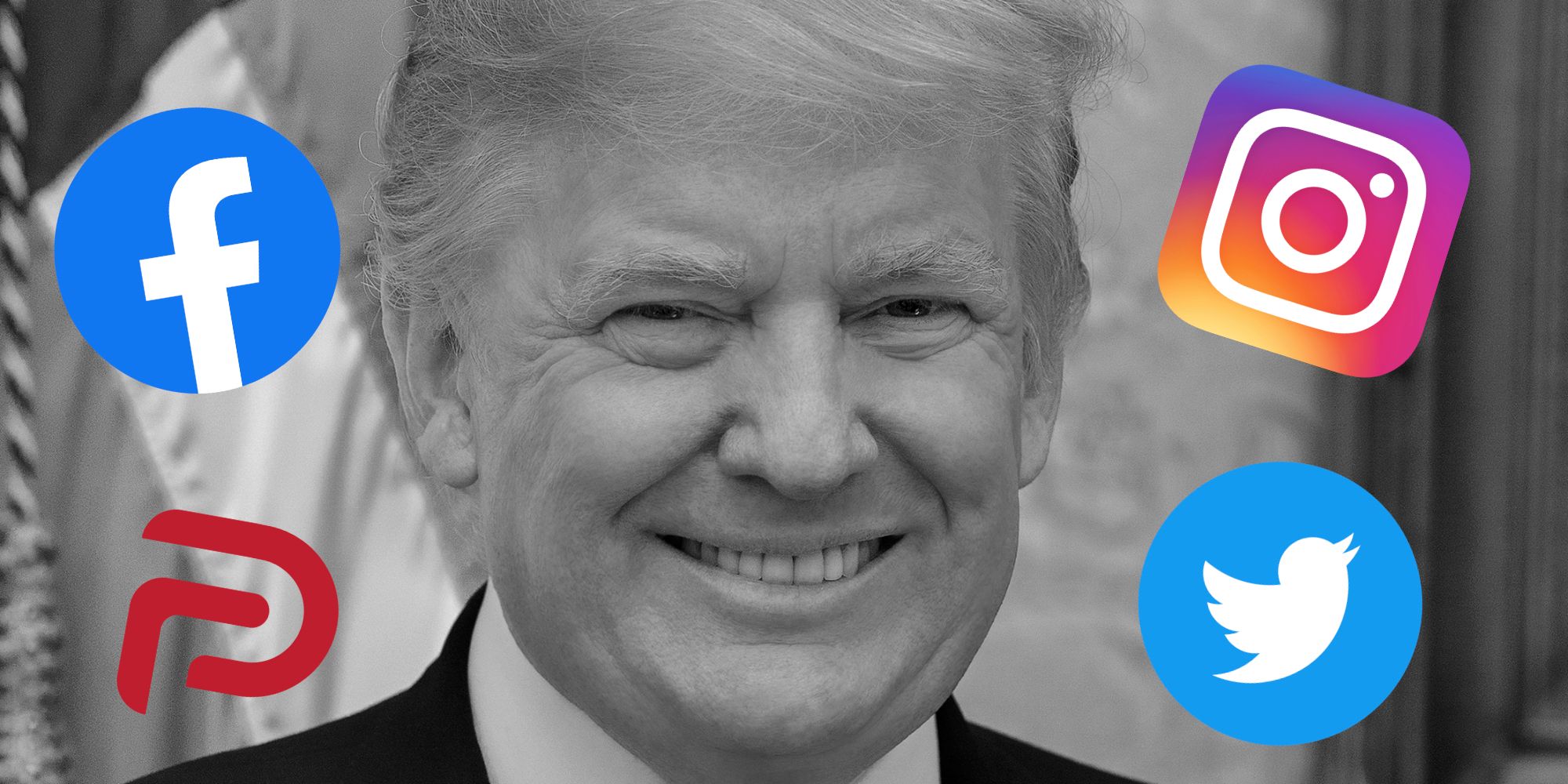 Donald Trump portrait with logos of social networks on top of it