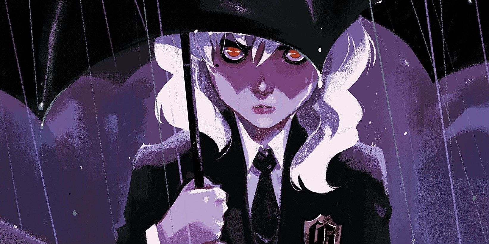 Olive Silverlock holding an umbrella and looking sad in Gotham Academy