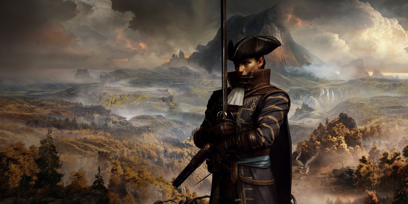 Greedfall hero art with character with sword raised against a mountainous backdrop.