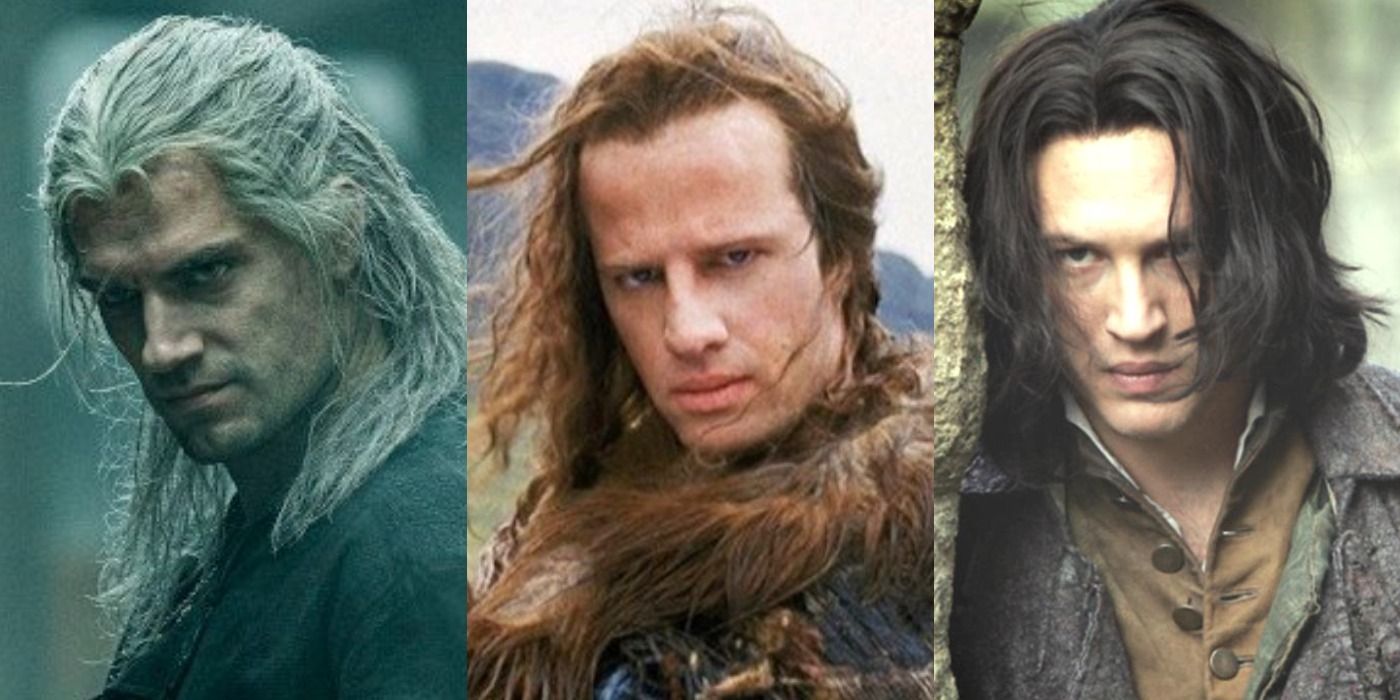 Henry Cavill as Geralt of Rivia in The Witcher, Christopher Lambert as Connor Macleod in Highlander, and Tom Hardy as Heathcliff in Wuthering Heights