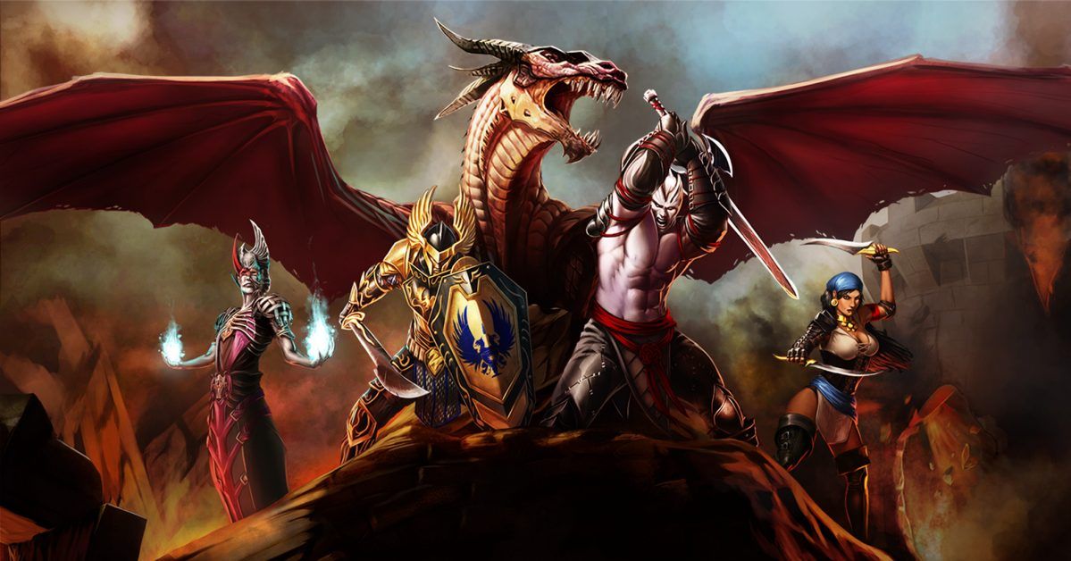 Heroes of Dragon Age poster showcasing warriors fighting a dragon